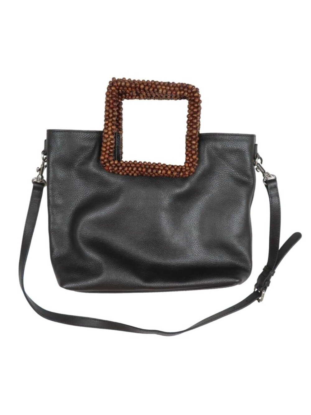 J Jill Black Pebbled Leather Brown Wood Beaded Bead Square Handle Handbag Purse